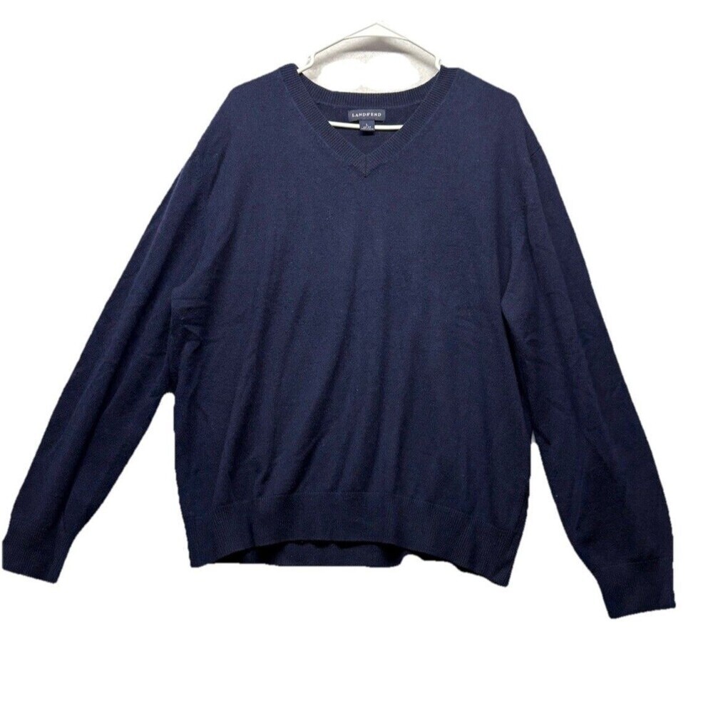 Lands End Mens Large Navy Blue V Neck 100% Cashmere Sweater *Small Hole*